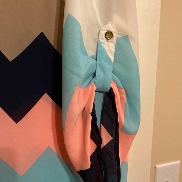 Rue chevron with buttons shirt - cream navy tan light coral light blue - Picture 2 of 5